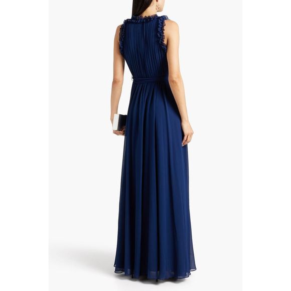 NWT BADGLEY MISCHKA Ruffle-trimmed pleated chiffon gown Size 8 $750 - Picture 2 of 8